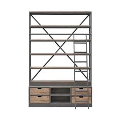 an industrial shelving unit with drawers and shelves on each side, in black metal and wood