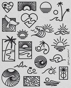 some black and white drawings on paper with the sun, waves, palm trees and other things