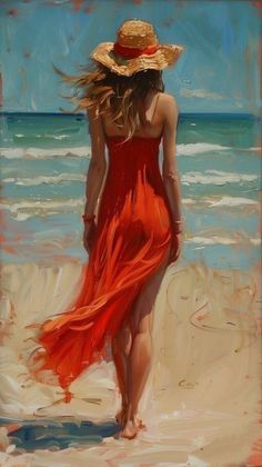 a painting of a woman in a red dress and straw hat walking on the beach