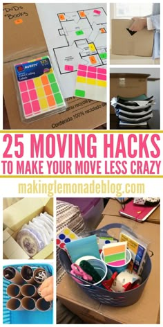 several pictures with the words 25 moving hacks to make your move less crazy