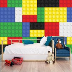 a child's bedroom decorated in lego blocks