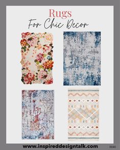 rugs for chic decor with different colors and patterns on them, including roses