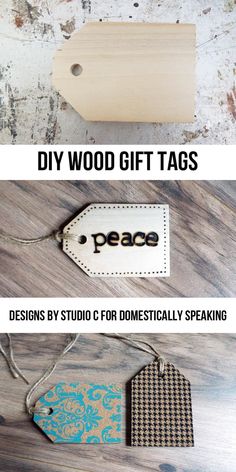 four different tags with the words diy wood gift tags