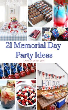 a collage of pictures with red, white and blue decorations on them that include desserts