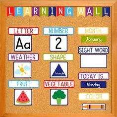 a bulletin board with words and pictures on it that say learning wall, letter a to z