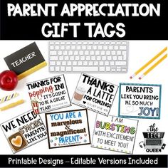 These parent appreciation gift tags are the perfect way to establish a positive relationship with your students' parents. Perfect for orientation, back to school night, meet the teacher, or any time you want to send some positivity and gratitude throughout the school year. You can print them and use as is or attach a special treat to really make an impact! With this download you will receive a PowerPoint file that allows you to edit the teacher name field so that you can easily create a personal Open House Gift For Parents, Back To School Night Gifts For Parents, Open House Parent Gifts, Parent Appreciation Ideas From Teachers, Parents Tag You're It Teachers, Foster Parent Quotes, Parent Wishes Open House, Parent Appreciation Gifts, Middle School Open House Parent Night