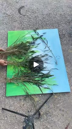 someone is using scissors to cut grass on a piece of blue and green paper that has been placed on the ground