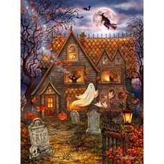 a painting of a house decorated for halloween