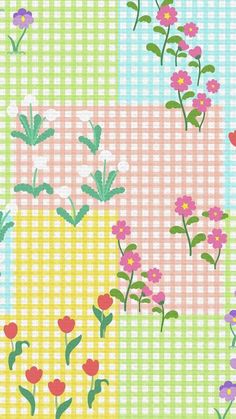 an image of flowers in different colors on a checkered background with gingham