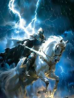 a man riding on the back of a white horse under a cloudy sky with lightning