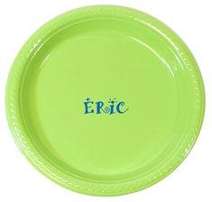 a neon green frisbee with the word eric on it's center piece