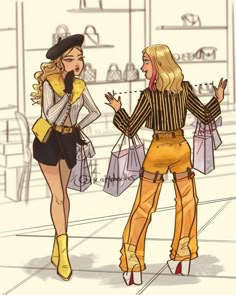 two women are talking while holding shopping bags