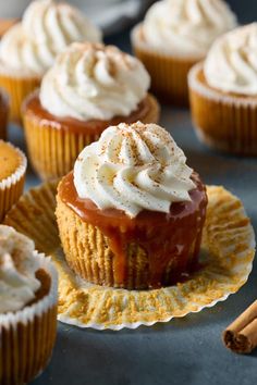 some cupcakes with icing and cinnamon on top