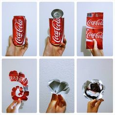 the process of making a paper flower out of coca cola cans