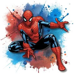 the amazing spider - man is sitting on his knees in front of paint splatters