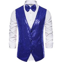 Sleeveless V-neck, full sequin design, make you eye-catching in the crowd. The classic single-breasted party suit vest, slim tailoring perfectly shows your charm. This sequined vest is matched with a bow tie, trousers, shirt, blazer to create a bright and handsome appearance. Suitable for multiple occasions, nightclubs, performance costumes, birthday parties, hip-hop, music festivals, Christmas, Halloween, role-playing, etc. Size: medium. Color: blue. Gender: male. Age Group: adult. Pattern: Sol Sequin Vest, Sleeveless Suit, Suit Waistcoat, Prom Suits, Sequin Design, Party Suits, Suit Vest, Music Festivals, Blue Gender