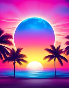 the sun is setting over the ocean with palm trees in front of an orange and pink sunset