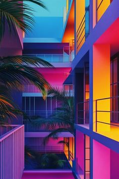 an apartment building with balconies and palm trees in the foreground, against a multi - colored background