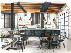 a drawing of a kitchen and dining area with chairs, tables and ladders to the ceiling