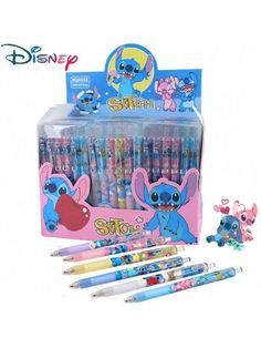 the disney characters are lined up in this box with markers and pencils on it