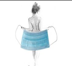 a drawing of a woman in a blue skirt with her back turned to the camera