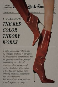 an advertisement for the red color theory works shows a woman's legs in high - heeled boots