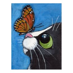 a painting of a black and white cat with a butterfly on it's head