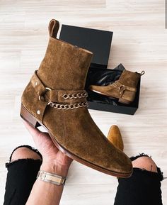 Handmade Men’s Ankle High Suede Boot Men’s Dark Brown Madrid Straps & Chain Style Side Zipper Boot on Storenvy Suede Boots Men, Chelsea Boots Men Outfit, Mens Suede Boots, Boots Men Outfit, Quality Leather Boots, Slipon Shoes, Custom Design Shoes, Men With Street Style, Suede Leather Shoes