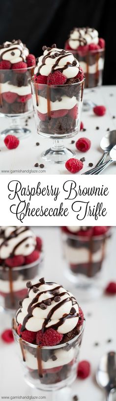 raspberry brownie cheesecake trifle in small glasses