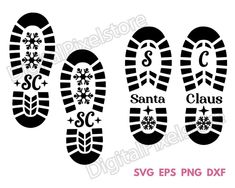 three pairs of shoes with snowflakes on them, and the words santa claus