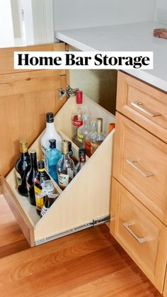 an open cabinet in a kitchen with the words home bar storage on it's side