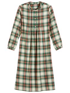 Whether turning in for the night or taking it easy on Sunday morning, you'll love the lightweight warmth and softness of our brushed cotton flannel nightgown. It features a festive ivory plaid highlighted with pops of color and soft pintuck details. It also has a functional Henley neckline with faux horn buttons and an inverted box pleat to ensure ease of movement. Lightweight cotton flannel Festive ivory plaid Pretty pintuck details Henley neckline Button cuffs Faux horn buttons Approx. 48" lon Long Flannel, Flannel Nightgown, Vermont Country Store, Diy Wardrobe, Country Store, Box Pleats, Brushed Cotton, Pin Tucks, Cotton Flannel