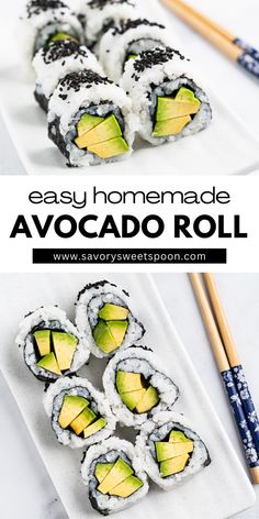 an easy homemade avocado roll is shown on a plate with chopsticks