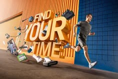 a man is running in front of a sign that says end your time with his feet on the ground