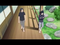 two anime characters standing on a wooden walkway