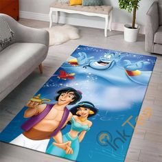 the rug is decorated with cartoon characters