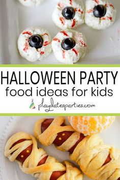 halloween party food ideas for kids including hot dogs and marshmallows on a white plate