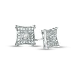 Treat him to these vintage-inspired diamond stud earrings. Created in sterling silver, each earrings gleams with a shimmering 0.049 ct. square diamond wrapped with a textured border and a glistening frame adorned with petite round diamonds and intricate milgrain detailing. Dazzling with 1/5 ct. t.w. of diamonds and bright polished shine, these post earrings secure comfortably with screw backs. Engagement Ring Necklace, Enchanted Disney Fine Jewelry, Disney Fine Jewelry, Square Diamond, Diamond Stud Earrings, Silver Shop, Diamond Stud, Princess Cut Diamonds, Sterling Silver Earrings Studs