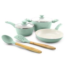 a set of green pots and pans with wooden utensils