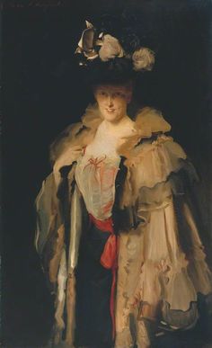 a painting of a woman in a dress and hat with feathers on her head, standing against a black background