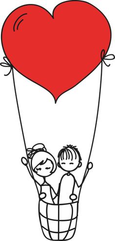 a drawing of two people in a basket with a heart shaped balloon on the back