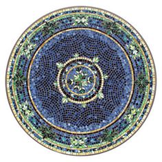 a circular blue and green mosaic design on a white background, with leaves in the center