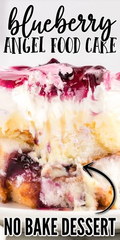 a blueberry angel food cake with no bake desert on the side and text overlay