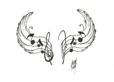 two music notes with musical staffs on them, drawn in black and white ink