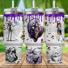 thermos are decorated with images of characters from disney's animated movie jack skellingy