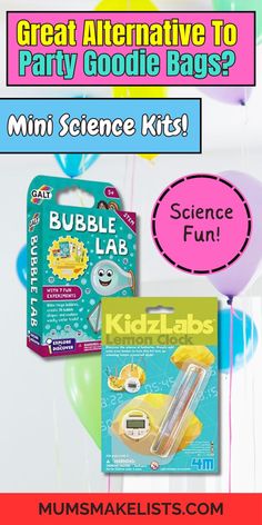 an advertisement for the science lab with balloons, books and toys in front of it