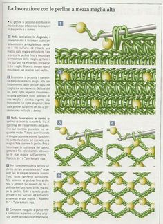 crochet instructions for knitting with green thread and yellow balls on the side, in spanish