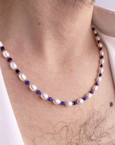 Pearl necklace mens,Purple hematite crystal y2k choker,Beaded gemstone & real pearl necklace,Boyfriend gift ideas,Secret Santa gift by JewelryByElis on Etsy