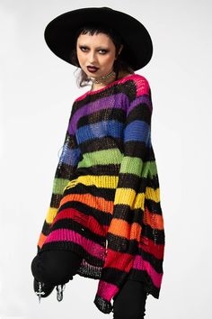 OVER THE RAINBOW. - Luxe Soft Knit.- Contrast Stripe.- Long-Length Shape.- Distressed Detailing + Back.- Relaxed Fit. Wash Cold - Gentle Cycle. With KILLSTAR Branding, 100% Acrylic. Rainbow Outfit, Rainbow Sweater, Rainbow Crochet, Rainbow Fashion, Over The Rainbow, Colourful Outfits, Knitting Inspiration, Dream Clothes, Crochet Sweater