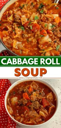 cabbage roll soup in a white bowl on top of a red and white checkered table cloth